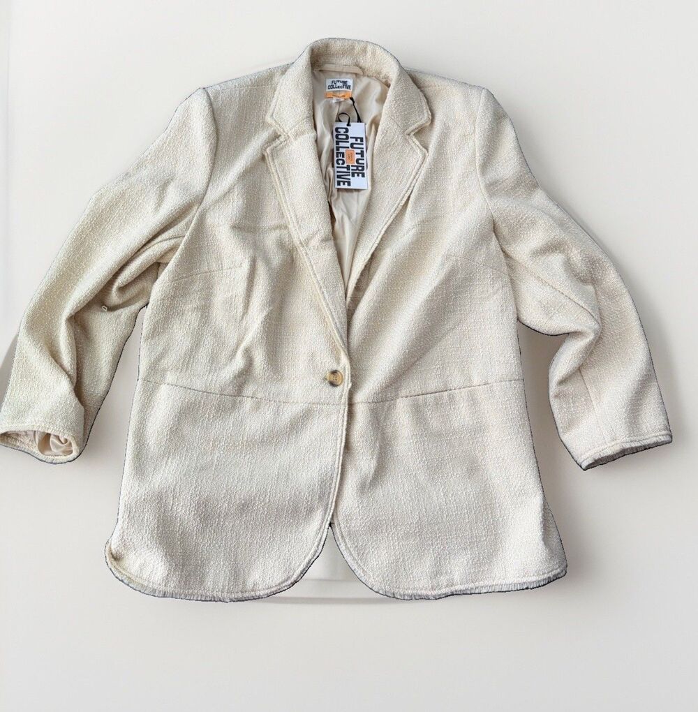 NWT Future Collective Jenny Lopez Boucle Frayed Edge Blazer Jacket Cream 2XL